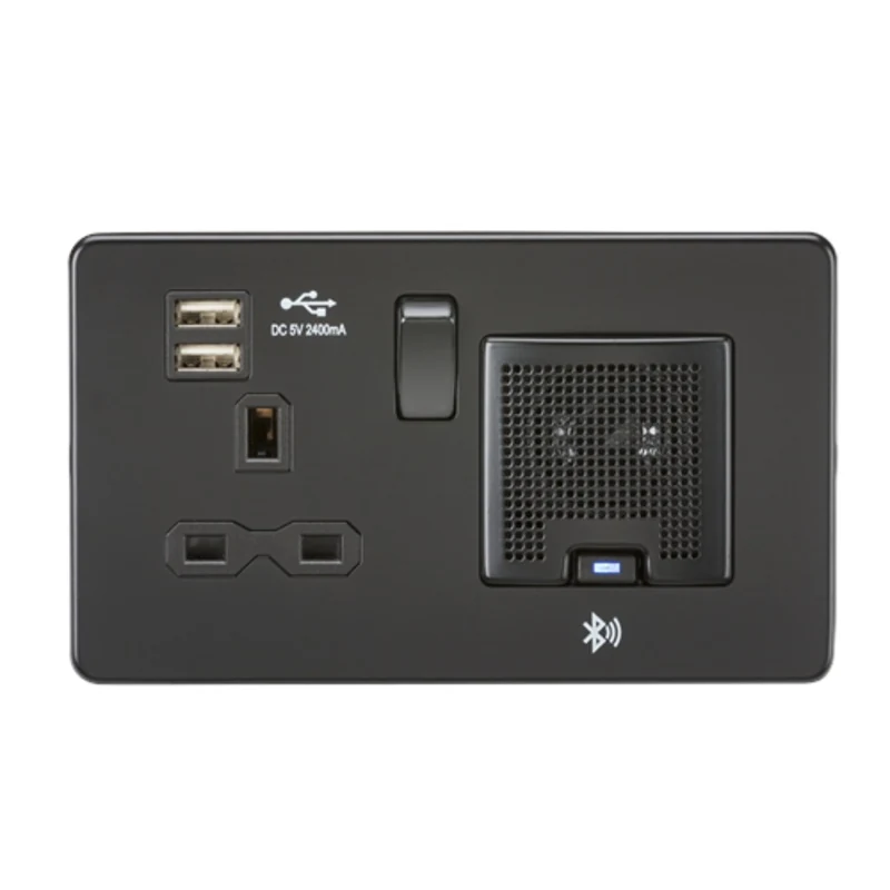KnightsBridge Screwless 13A socket, USB chargers (2.4A) and Bluetooth Speaker - Matt Black